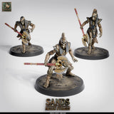 Three views of an undead skeletal warrior holding a long-handled halberd on a 32mm base.