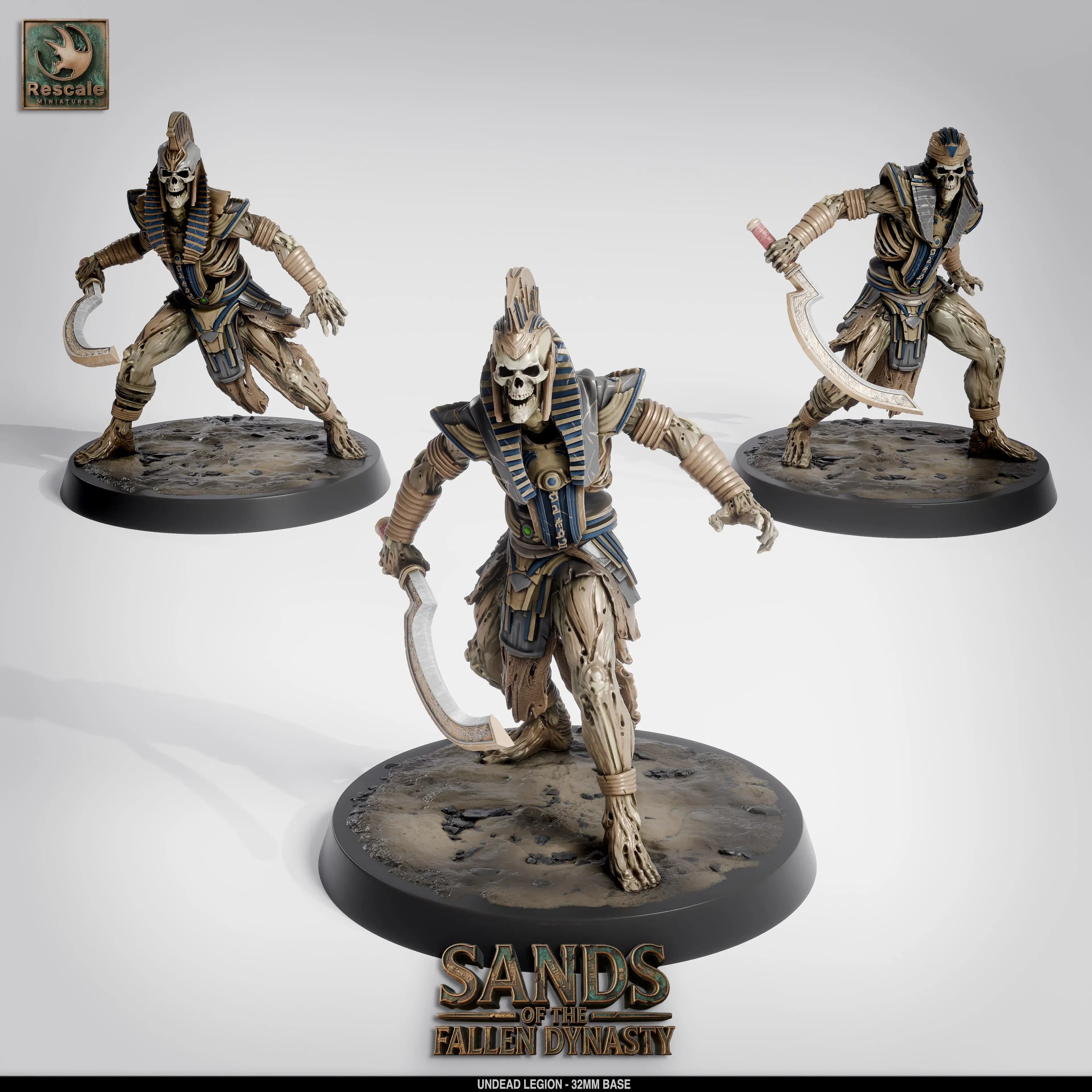 Undead Legion rescale miniatures from Quality Miniatures Qumi, featuring three undead swordsmen for tabletop wargaming and RPG.