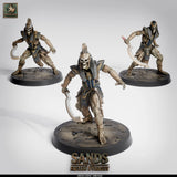 Three skeleton swordsmen miniatures wielding curved blades in dynamic battle poses
