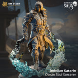 Indelian Katarin Elf Sorcerer tabletop miniature with swirling water magic effects in 32mm scale resin