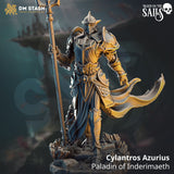 Resin 32mm Paladin miniature standing on a rocky base with a tall spear, front view