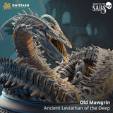 Detailreiche 3D-gedruckte Resin-Miniatur des Seeungeheuers Old Mawgrin mit scharfen Zähnen und Schuppen auf einem Rundbase.