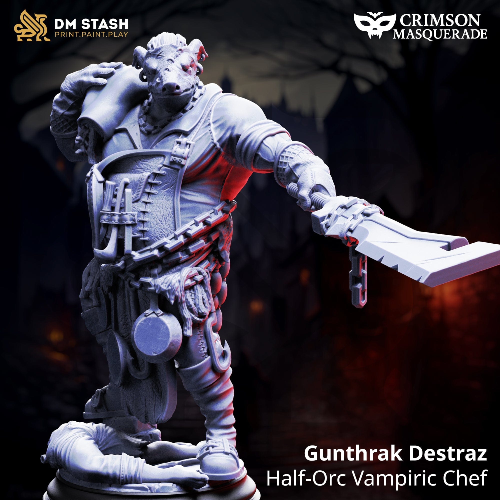 Figurine of Gunthrak Destraz, Half-Orc Vampiric Chef, with 'DM Stash' and 'Crimson Masquerade' branding.