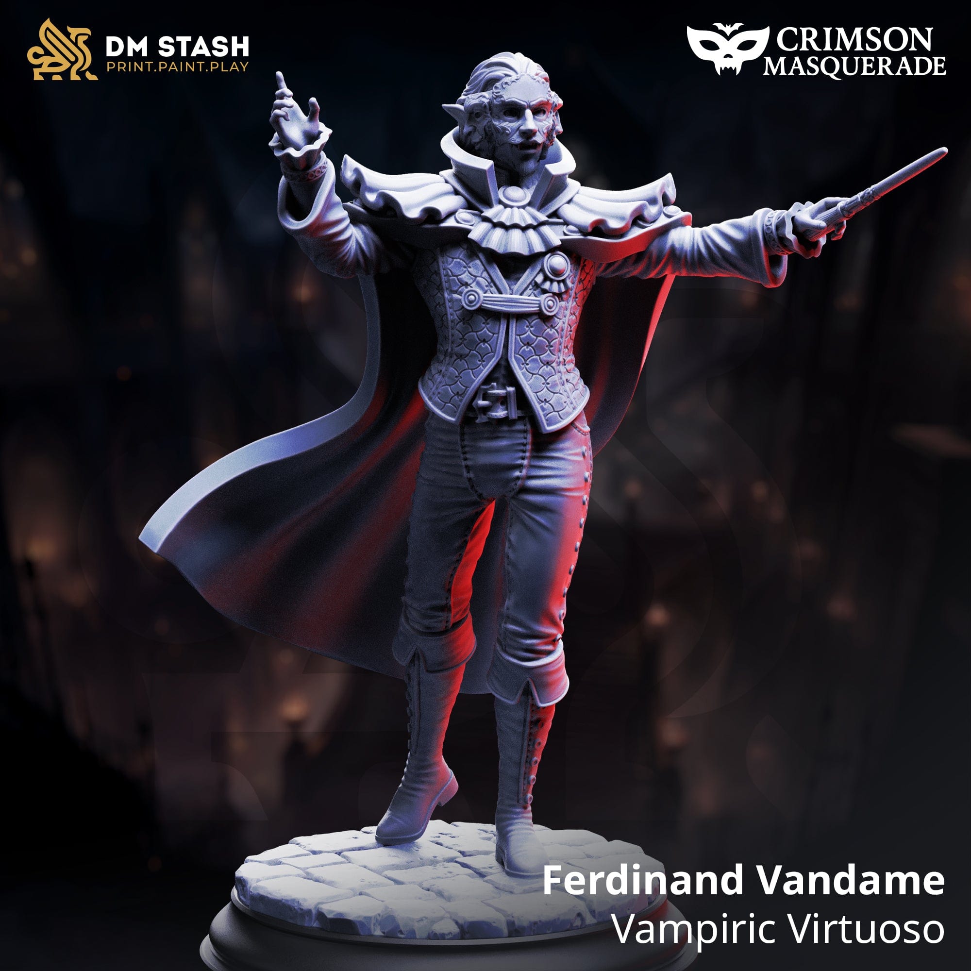 Figurine of Ferdinand Vandame from Crimson Masquerade on a dark background