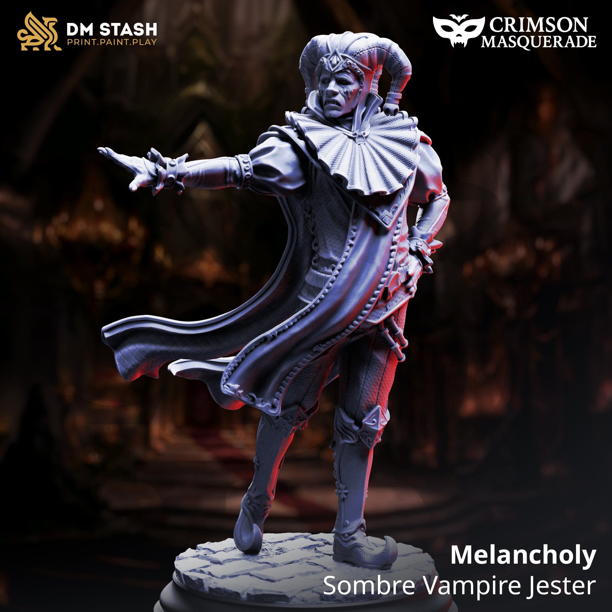 Model of a Sombre Vampire Jester with 'DM Stash' and 'Crimson Masquerade' branding.