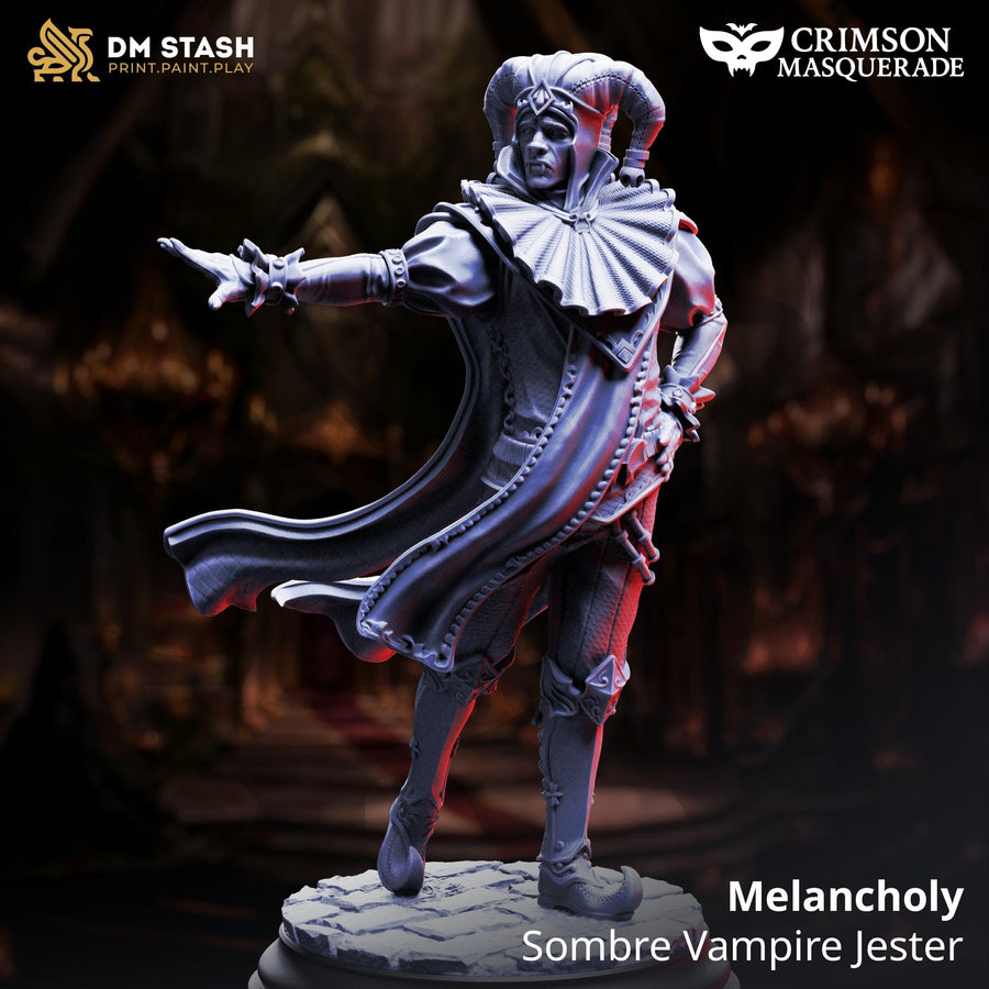Melancholy the vampire jester standing alone in a dynamic theatrical pose