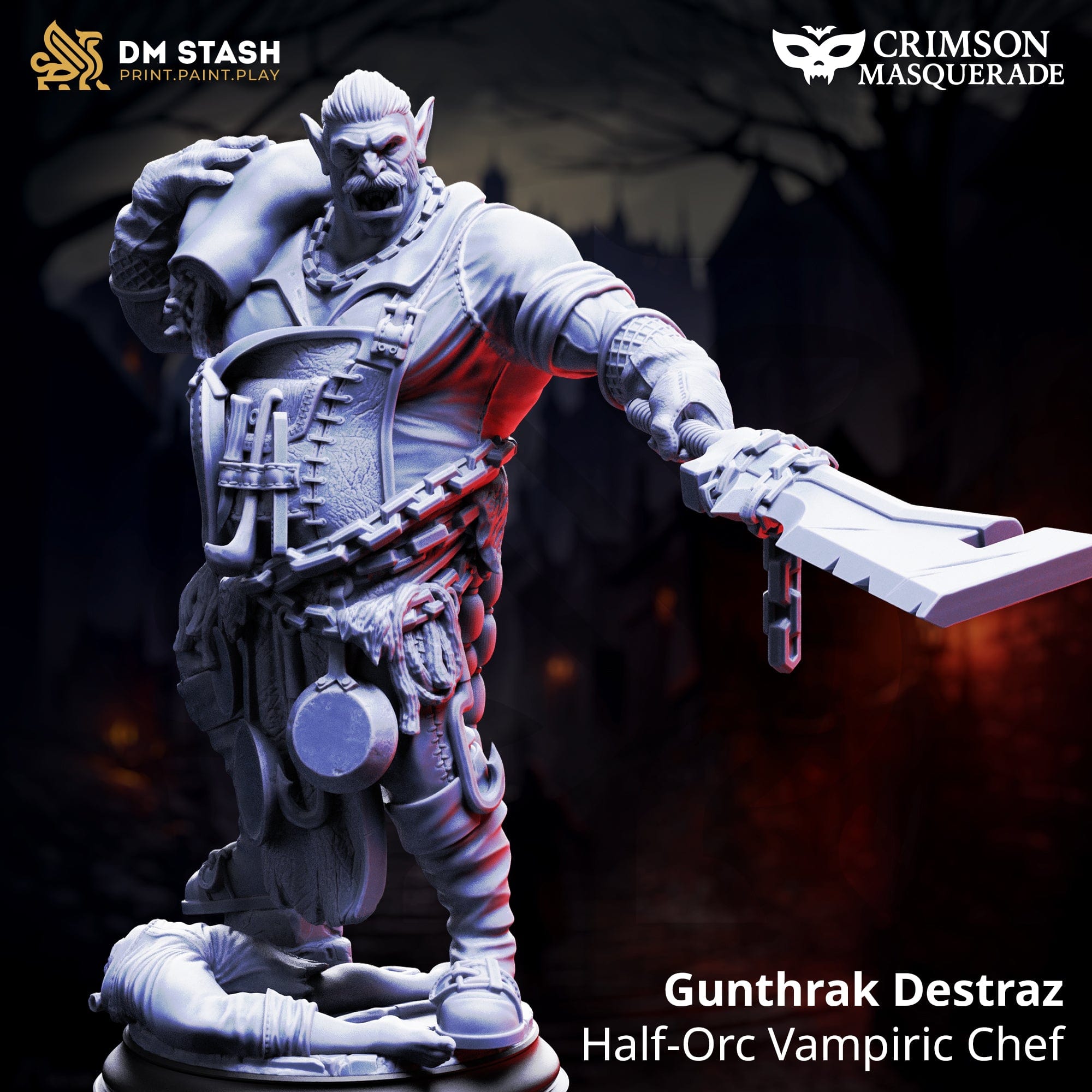 Fantasy figurine of Gunthrak Destraz, Half-Orc Vampiric Chef, with 'DM Stash' and 'Crimson Masquerade' branding.