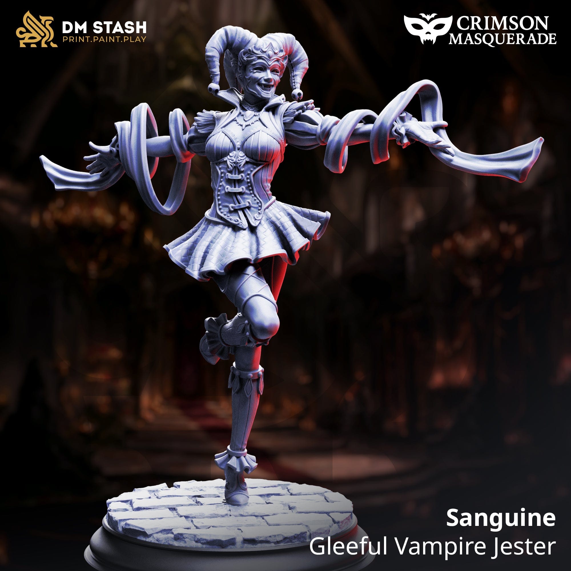Vampire jester figurine with 'DM Stash' and 'Crimson Masquerade' branding on a dark background.