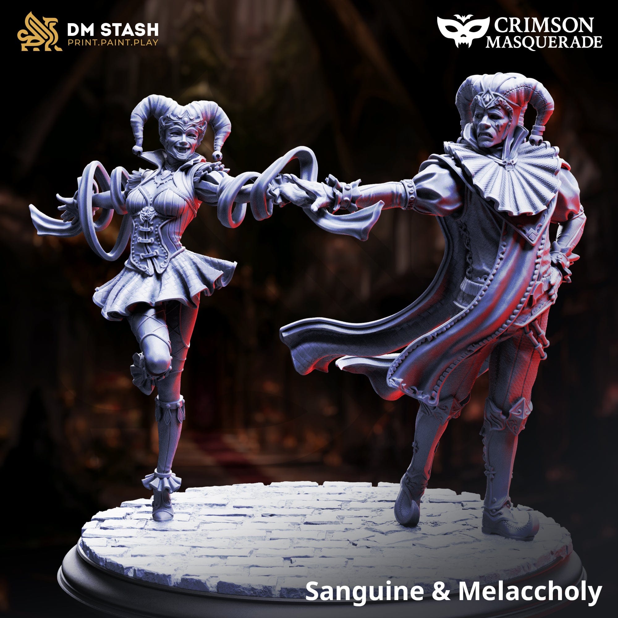 Two miniature figures labeled 'Sanguine & Melaccholy' from Crimson Masquerade on a dark background.