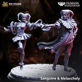 Sanguine and Melancholy vampire jester pair standing together on a stone base
