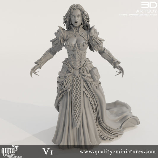 Tabletop RPG Miniature Vampiress - Qumi 32mm scale - 42mm head to toe / V1 Quality Miniatures - Qumi Wargaming Mini Model Figure