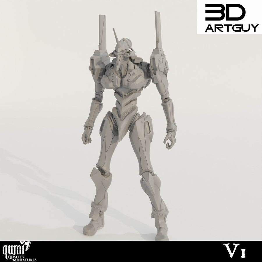 Frontansicht des stehenden Berserker Kampf-Roboters in grauem Harz mit kantigen Details.