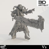 Front view of the clown miniature pointing forward with a massive weapon.