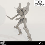 Seitenansicht eines grauen, mechanischen Kampfroboters mit Kampfmesser, detailliertes 3D-Modell.