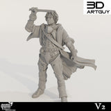 Front view of the Duke NPC variant with a cape holding a dagger, 32mm scale