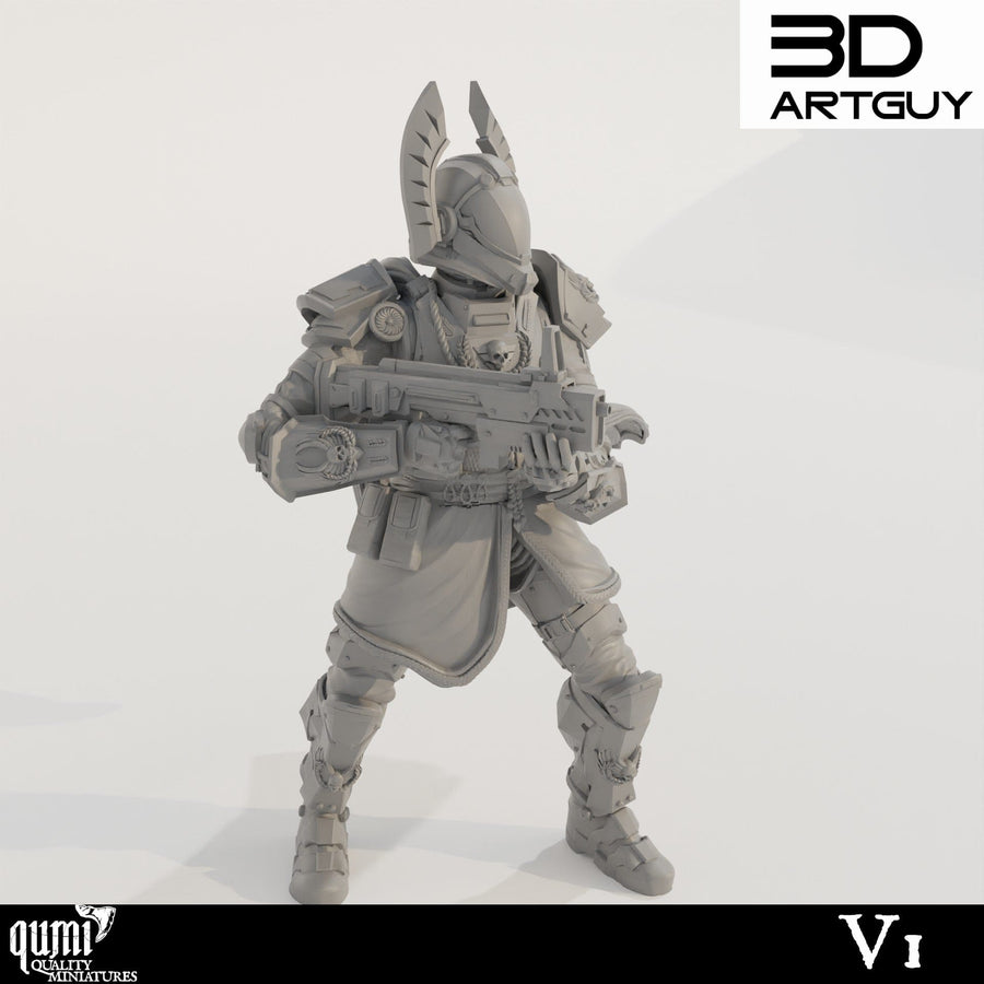 Frontansicht einer 3D-gedruckten Sci-Fi Soldat-Miniatur mit Waffe