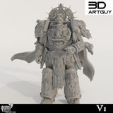 Frontalansicht einer detailreichen, 3D-gedruckten Sci-Fi Weltraum-Kaiser-Miniatur in verzierter Rüstung.