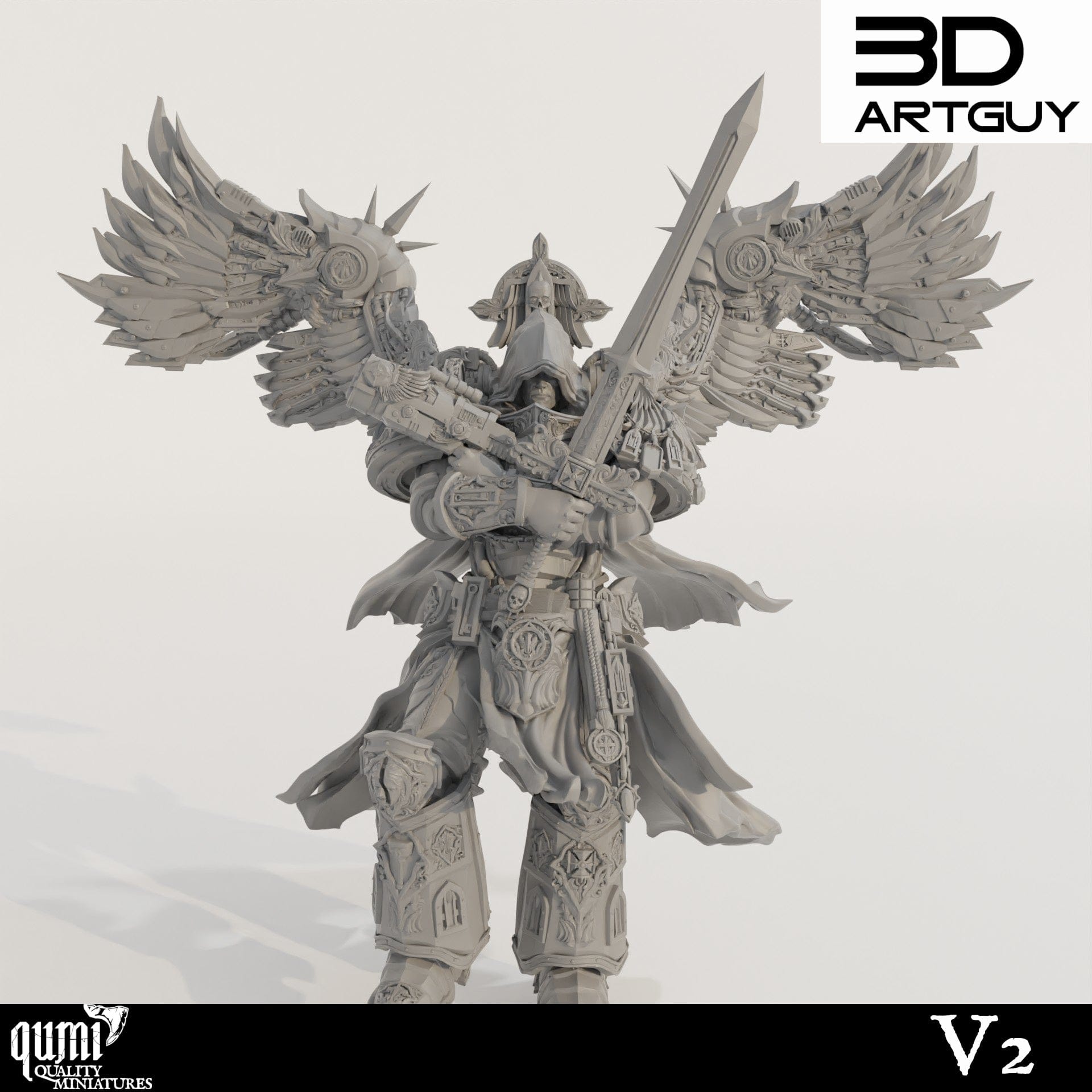 Tabletop RPG Miniature Cowled Angel - Qumi 32mm scale - 55mm head to toe / V2 Sword +Gun Quality Miniatures - Qumi Wargaming Mini Model Figure