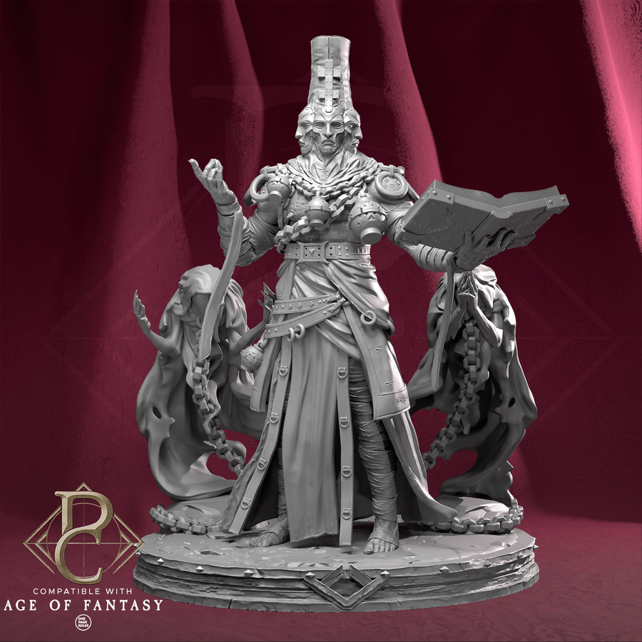 Side-by-side view showing the High Prophet Karhardas character with flanking ghostly figures on a single base.