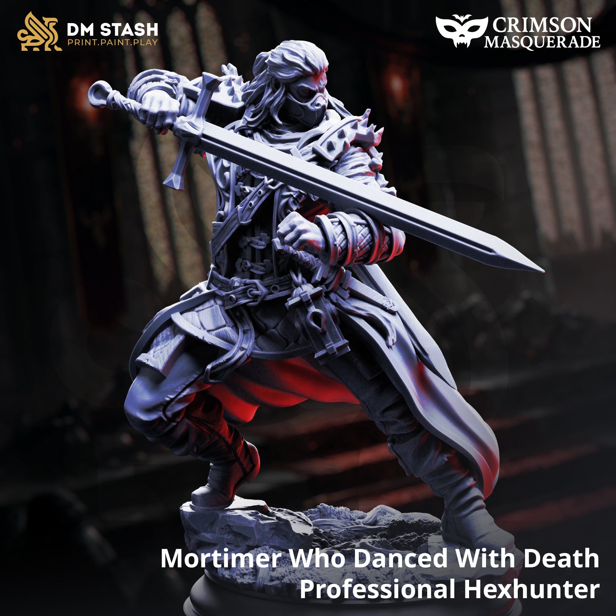 Statue of a professional hexhunter with a sword, branded by Crimson Masquerade and DM Stash.
