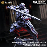 Resin miniature of Mortimer the Hexhunter wearing a face mask holding a longsword in a defensive stance