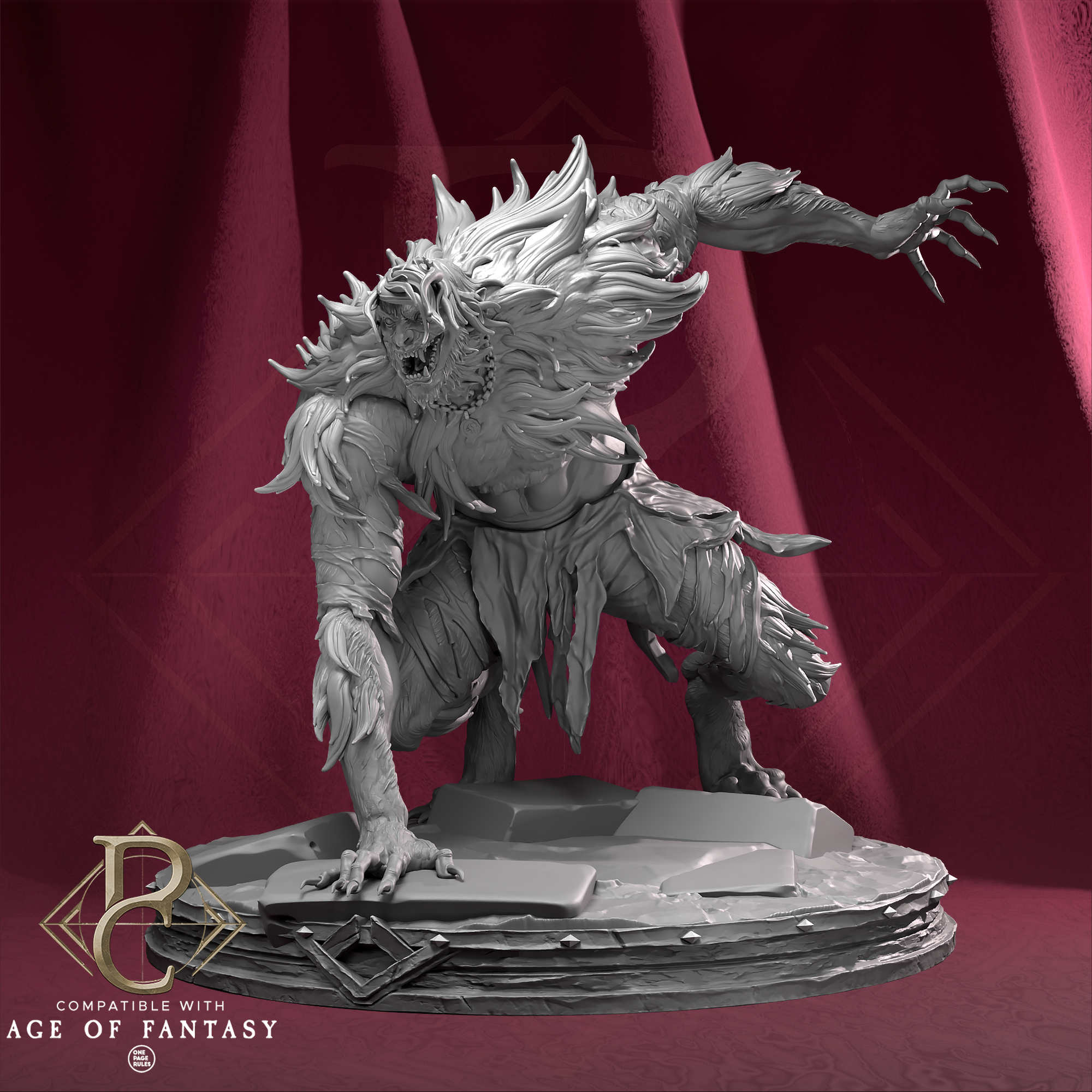 Fantasy creature figurine on a red background with 'Age of Fantasy' branding.