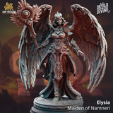 Elysia Elf Maiden fantasy miniature featuring expansive wings and a ornate staff, shown in gray resin.