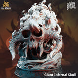 A highly detailed 3D-printed resin miniature of a flaming infernal skull with curved horns and swirling smoke