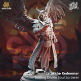 Istar der Erlöser Tiefling Zauberer 3D-Druck Resin Miniatur mit ausgebreiteten Flügeln und magischer Flamme in der Hand