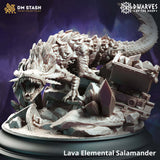 Detailed 3D-printed Lava Elemental Salamander miniature with rocky scales and crystal base in neutral gray resin.