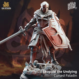 Leopold the Undying, a cursed Paladin with sword and shield standing on a skull-strewn base, 3D-printed gray resin.