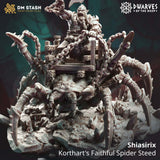 Unpainted gray resin miniature of a mounted fighter riding a giant spider creature on a rocky base.