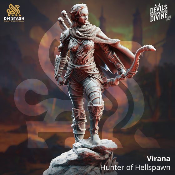 Human Archer Tabletop Miniature - Virana by Qumi, 3D printed resin tabletop miniature for RPGs, wargaming and painting