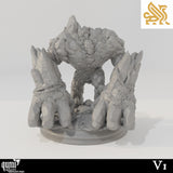 Front view of a 3D-printed Earth Golem miniature with stone textures and massive fists