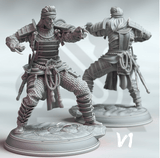 Frontal view of 32mm scale human samurai miniature with ornate armor and dual blades