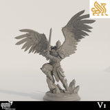 Side profile view of a winged angel sword fighter standing on a rocky base
