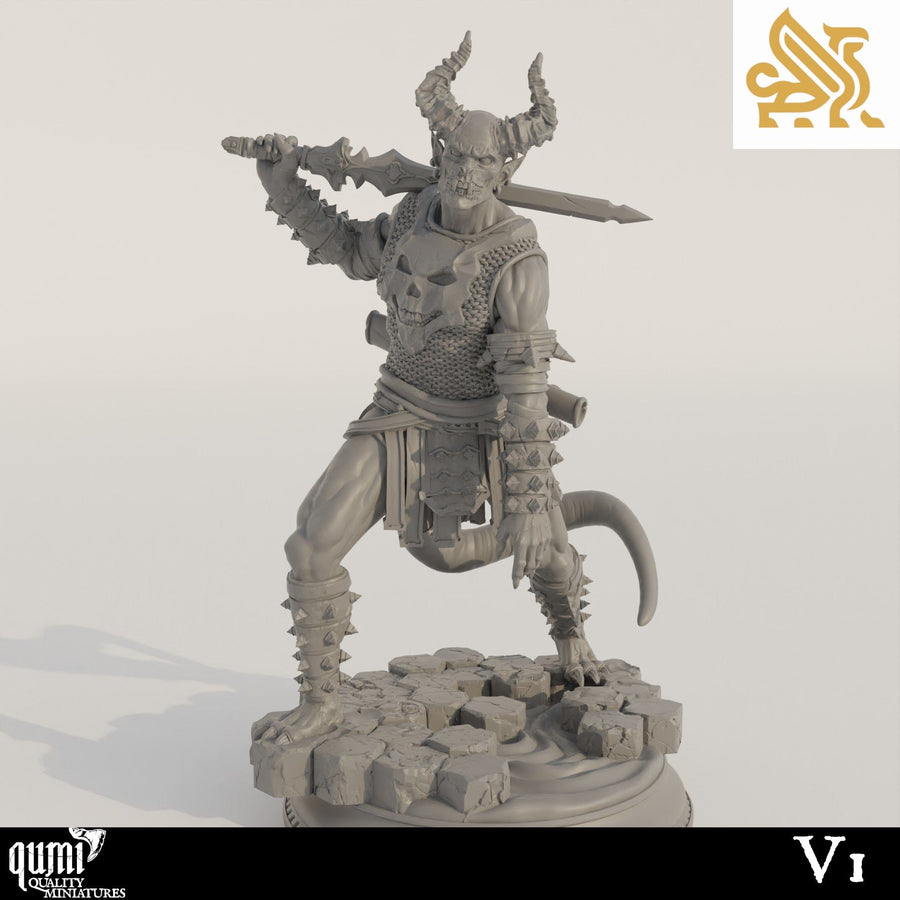 Front view of a single demon sword fighter miniature with skull armor and sword on shoulder