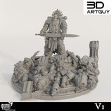 Full front view of the detailed sci-fi knight standing on a battlefield diorama base