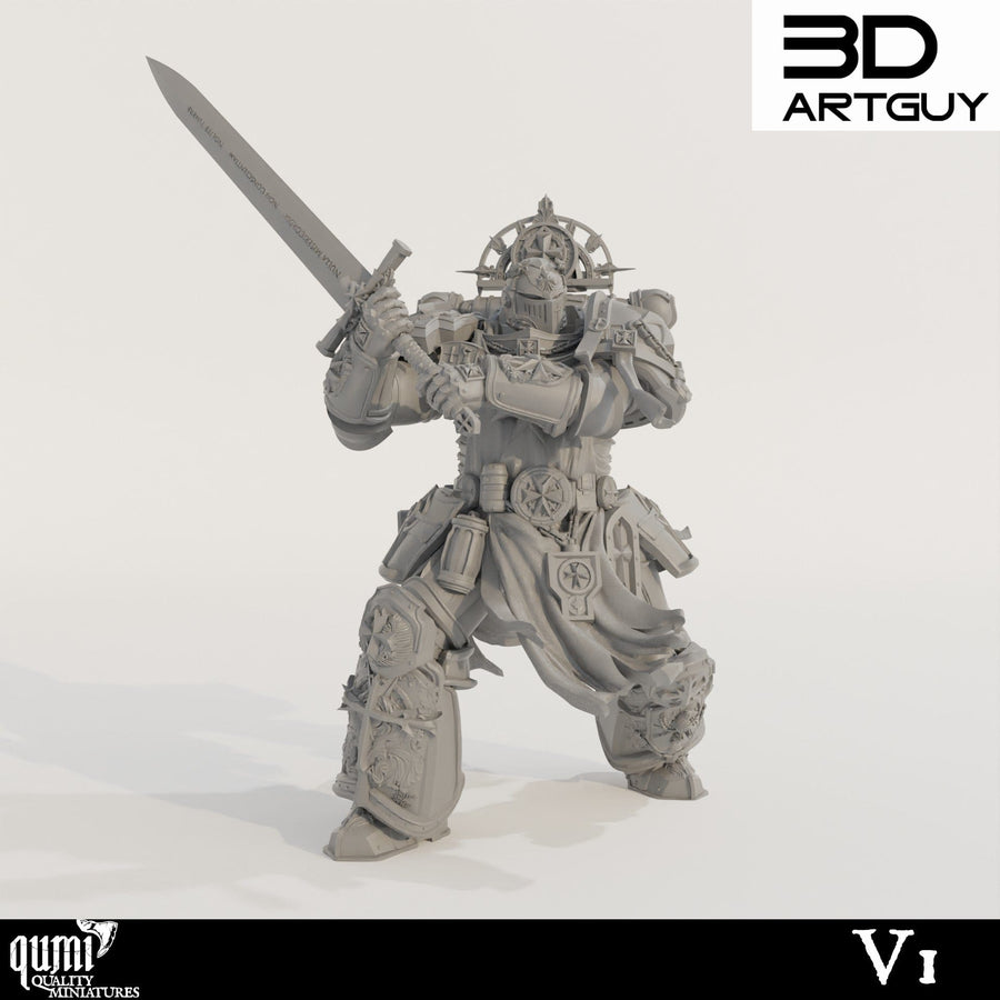 Frontansicht einer 3D-gedruckten Space Warrior Miniatur mit einem großen Schwert