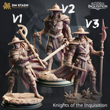 Detaillierte Nahaufnahme der Inquisitor Ritter Miniatur V1 mit einer Stangenwaffe
