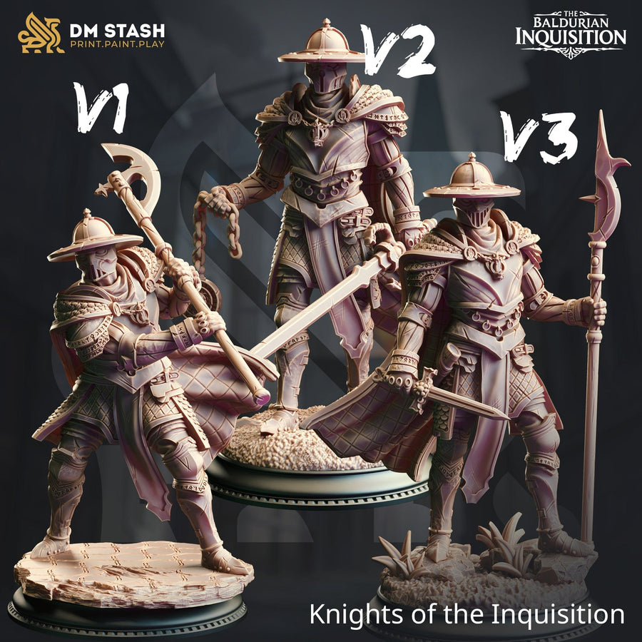 Detaillierte Nahaufnahme der Inquisitor Ritter Miniatur V1 mit einer Stangenwaffe