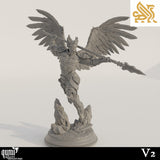 Side profile of the winged angel warrior miniature, showcasing the feathered wings and spear pose.