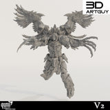 Front view of a winged space warrior with long hair and clawed gauntlets in an action flight pose.