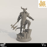 Front view of a horned demon warrior miniature, holding a large axe, standing on a rocky terrain base.