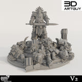 Front view of a armored warrior standing on a battlefield base with defeated enemies and a broken pillar.
