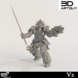 Vorderansicht einer montierten Sci-Fi-Krieger-Miniatur, die ein langes Schwert und einen Bolter hält.