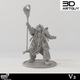 3D-Render einer Miniatur eines Zauberers ohne Helm, der einen brennenden Stab hält.