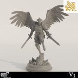 Full front view of the dual-wielding angel warrior miniature, showing the armored helmet and pose.