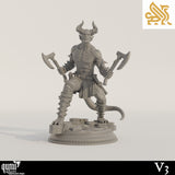 Front view of an alternative dual-wielding demon fighter miniature holding two axes on a stone base.