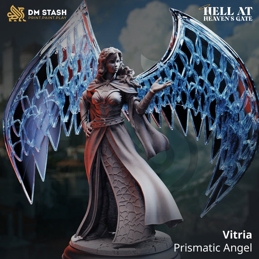 Miniature tabletop angel with wings by Quality Miniatures, in 32mm scale, suitable for wargaming and RPG tabletop setups.